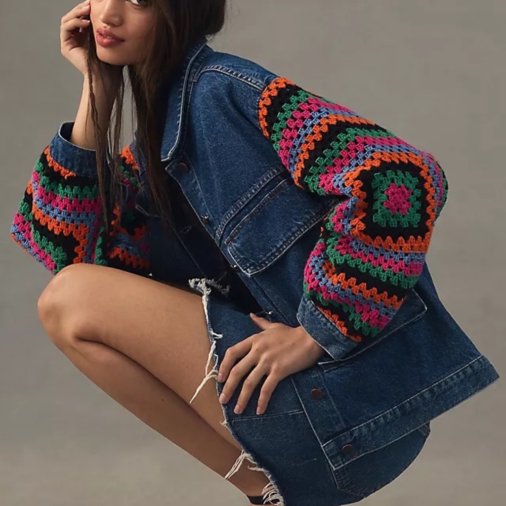 NWT- FARM Rio Denim Jacket with Vibrant Crochet Sleeves